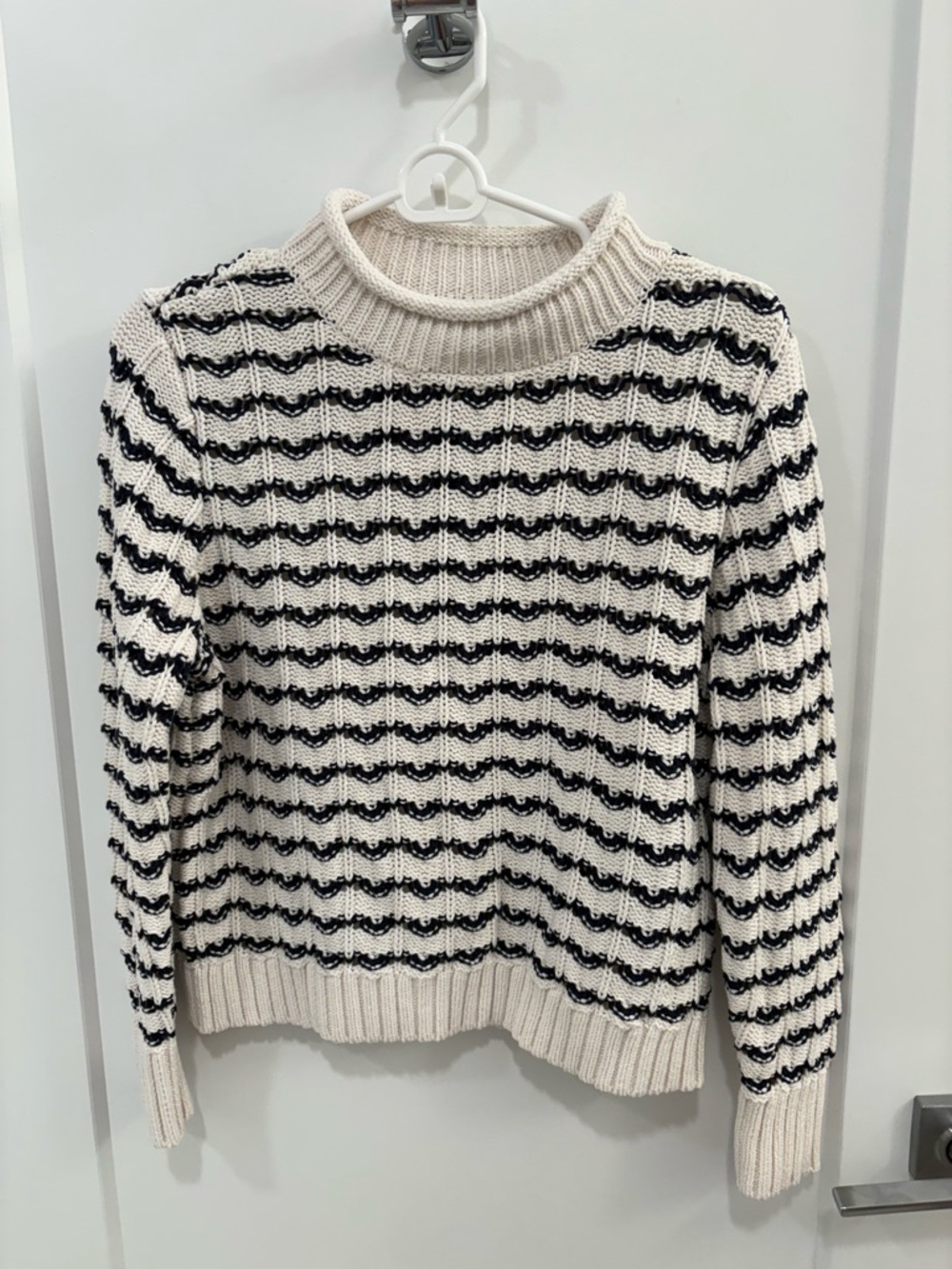 White Navy Nautical Cotton Blend Crochet Knit Mock Neck Sweater